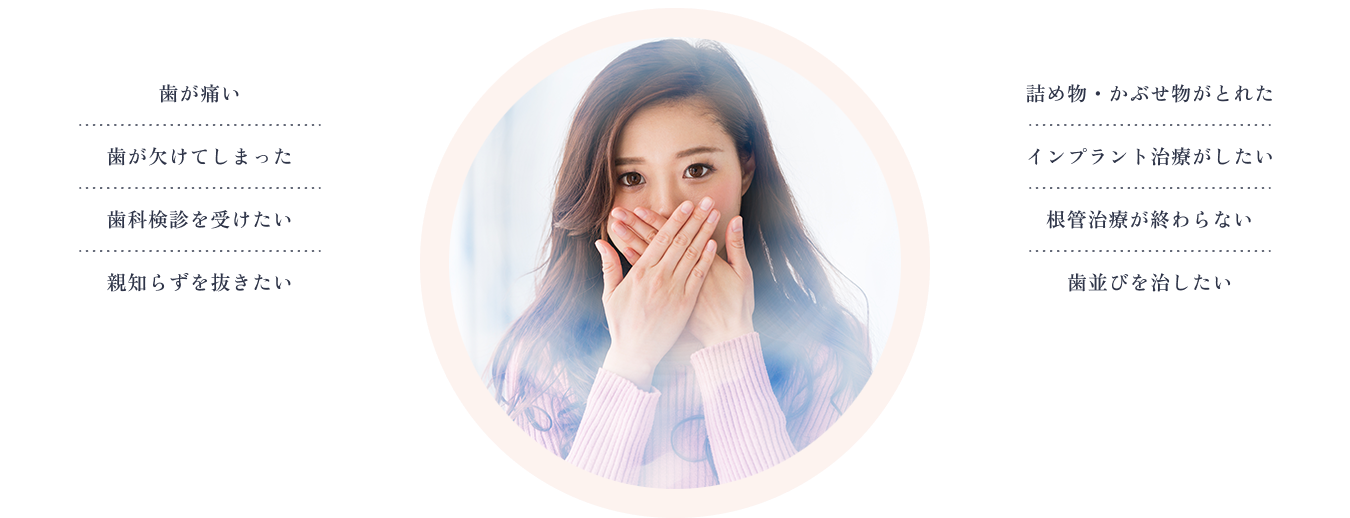 ・歯が痛い・歯が欠けてしまった・歯科検診を受けたい・親知らずを抜きたい・詰め物・かぶせ物がとれた・インプラント治療がしたい・根管治療が終わらない・歯並びを治したい